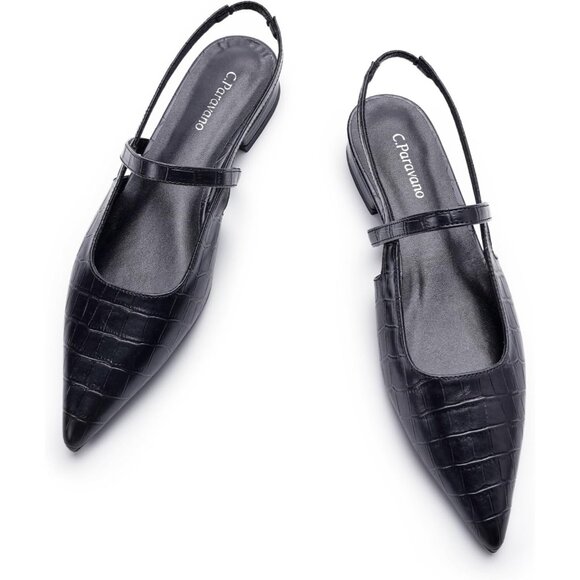 Women's Slingback Flats | Pointed Toe Flats Sandals | Leather Kitten Heels - Picture 1 of 5